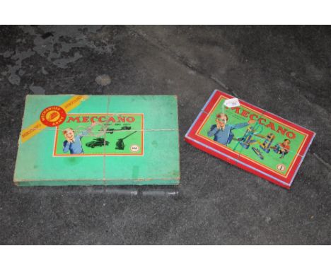 Two original boxed Meccano sets, Mechanised Army and Bridges, Trains and Wagons, Ships, Aeroplanes, Towers Box 1.