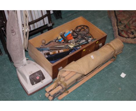 A beechwood folding easel, a quantity useful tools together with a vintage hover vacuum cleaner 
