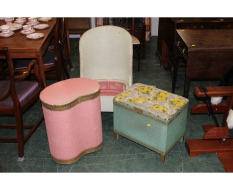 A vintage woven  Ottoman,  linen basket and  commode chair, lacking seat 