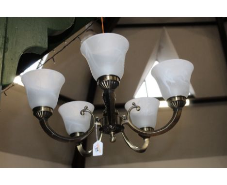 Pair of five branch ceiling light fittings and shades