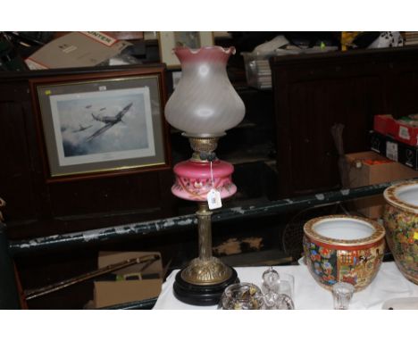 Victorian columned oil lamp with painted red glass reservoir, dual burner and shade   