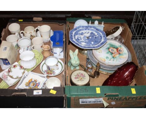 Two boxes of commemorative ware, Bunnykins, decorative plates, Carltonware Rouge Royale etc