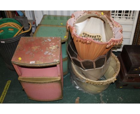 7 vintage lamp shades together with 3 woven fibre bedside cupboards  