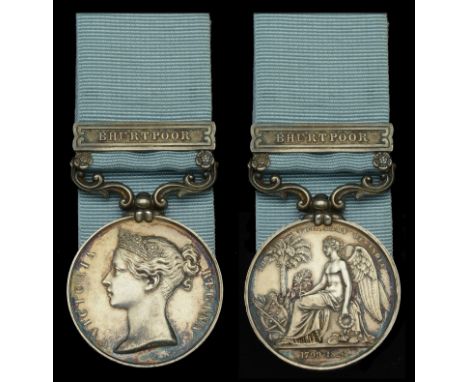 Army of India 1799-1826, 1 clasp, Bhurtpoor (Lieut. D. Ewart, Arty.) short hyphen reverse, officially impressed naming, nearl