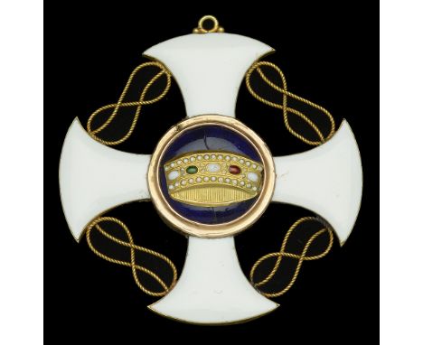 Italy, Kingdom, Order of the Crown, Commander’s neck badge, 53mm, gold and enamel, unmarked, in damaged embossed fitted case 