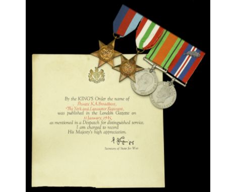 Four: Private K. A. Broadbent, York and Lancaster Regiment, who was Mentioned in Despatches for Italy  1939-45 Star; Italy St