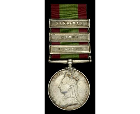 Afghanistan 1878-80, 3 clasps, Charasia, Kabul, Kandahar (58B/803 Pte. J. Lamont. 72nd. Highrs.) light pitting from Star, nea