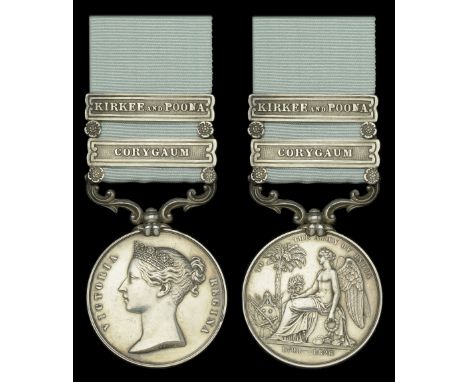 Army of India 1799-1826, 2 clasps, Kirkee and Poona, Corygaum (Private. Sonjee Gowday. 2nd Btn. 1st Rt. N.I.) long hyphen rev