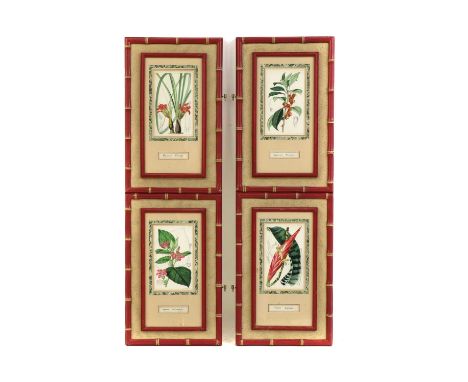 A pair of painted faux bamboo panels,late 20th century, each housing a pair of floral prints after Walter Fitch, inscribed 'F