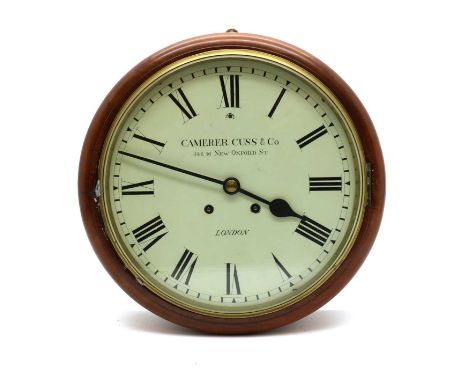 A mahogany wall clock,20th century, the enamel dial with Roman numerals, minute tracks and wind holes, striking on the gong, 
