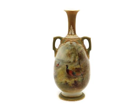 A Royal Worcester porcelain twin handle vase, c. 1914, by Jas Stinton, the bulbous body painted, depicting a pheasant in a na