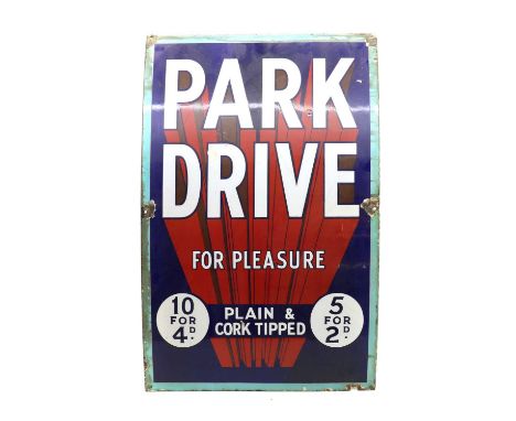 A Park Drive enamel advertising sign,mid 20th century, 'For Pleasure, Plain &amp; Cork Tipped'51cm wide76cm highCondition Rep