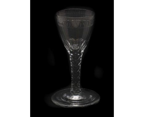 An 18th century wine glass,c.1770, the funnel engraved 'CONVIVIAL', over a facet cut stem and a conical foot,12cm highConditi