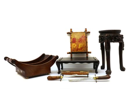 An Oriental hardwood jardiniere stand, together with a mahogany cheese coaster, lacquered stand, decorative framed oriental b