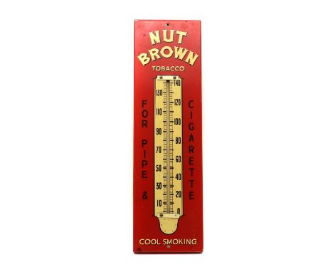 A Nut Brown Tabacco aluminium thermometer sign,mid 20th century, 'For Pipes &amp; Cigarettes',18cm wide61cm highCondition Rep