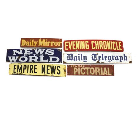 A collection of enamel newspaper advertising signs,comprising Empire News, 51cm x 10.5cm, News of the World, 51cm x 13cm, the