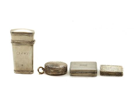 A collection of silver vinaigrettes,comprising a William IV example, with a gilt floral pierced grille, 3cm wide, an engine-t