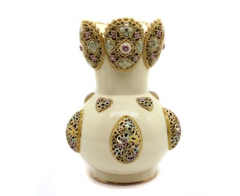 A Zsolnay porcelain vase,19th century, of globaular form, the tapering neck featuring pierced cartuses and gilt highlighted d