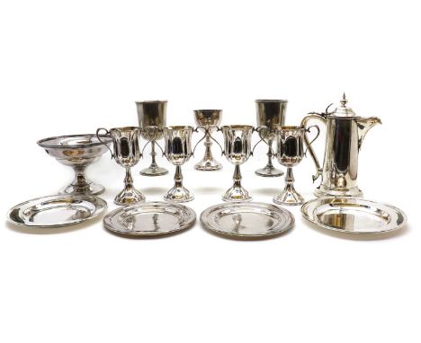 A collection of Ecclesiastical silver plated and EPBM items,comprising a lidded flagon, by Roberts &amp; Belk, 31cm high, a p