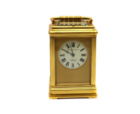A gilt-brass Grand Sonnerie carriage clock, late 19th to early 20th century, French, the repeating leaver movement with a vis
