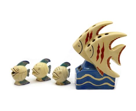 A Clarice Cliff novelty cruet set, modelled as fish, comprising a sugar bowl, a pepperette and a salt shaker, stamped 'Wilkin