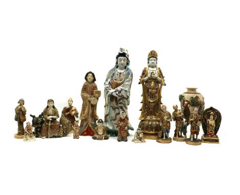 A group of Japanese Satsuma ware figures,20th century, including farmers, boys, Buddha, kwannon and other immortal figures, 9