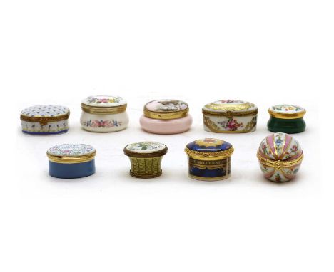 A collection of enamel pillboxes,to include examples by Halcyon Days for Bilston and Battersea Enamels, Dubarry, Haviland, Ro
