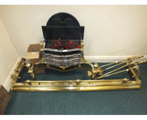 A brass fire curb, a set of brass fire tools and a Victorian style two bar electric fire