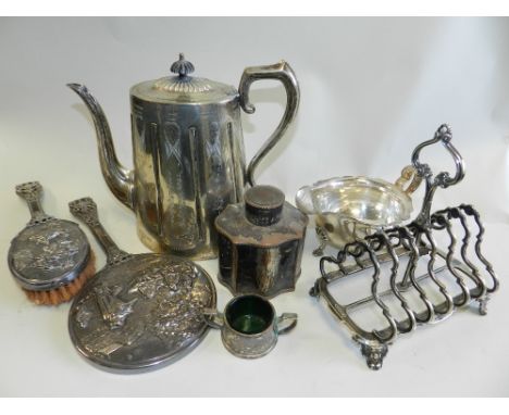 A quantity of electroplated wares to include coffee pot, serving dishes, twin handled trophy cup, pewter toddy ladle etc.