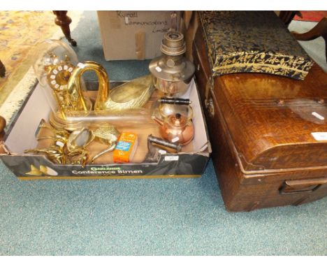 A mixed lot to include a simulated crocodile tin trunk, a chrome on nickel cased canteen of flat ware and a box of miscellane