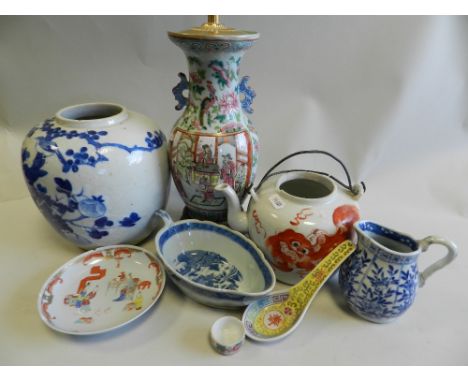 A tray of Chinese ceramics including a Canton famille rose enamel vase lamp base, a Chinese blue and white ginger jar, etc (f