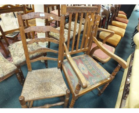 An Edwardian oak lath back swivel office chair, a Carolean style oak open armchair and an ash rush seat ladder back rocking c