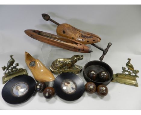 Works of art to include a set of turned wood miniature carpet bowls, a pair of Continental portrait miniatures, a brass door 