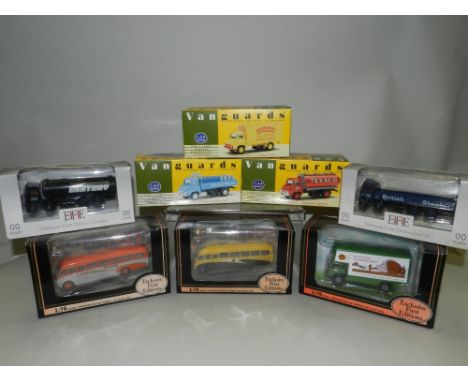 Seventeen boxed models by EFE and Corgi, thirteen buses, both single and double decked types, four lorries, also five Vanguar