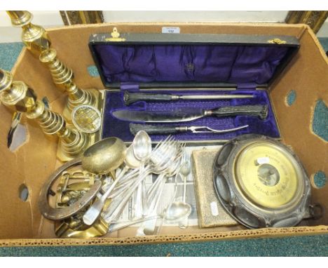 Electroplated flatwares, cased horn handled carving set, an Edwardian aneroid barometer, pair of brass candlesticks and other
