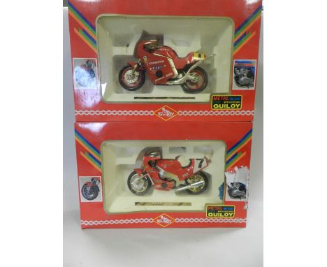 Ten boxed models of motorcycles in various scales, a Ducati, a Fiat Cagiva in 1/10 scale by Guiloy, Honda Shadow, MV Agusta, 