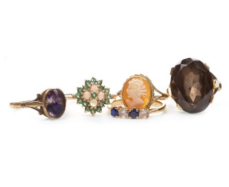 OPAL AND GREEN GEM SET RING, of cluster form, in nine carat gold, along with a smoky quartz ring, a cameo ring, a purple gem 