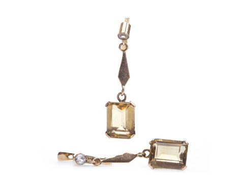 PAIR OF CITRINE DROP EARRINGS, mid twentieth century, each formed by a step cut citrine 11.5mm long, suspended from a kite sh