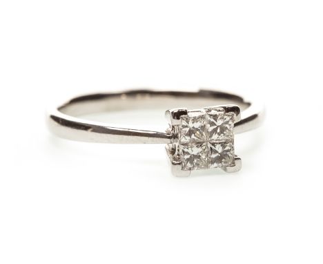DIAMOND DRESS RING, set with four princess cut diamonds totalling approximately 0.35 carats, in eighteen carat white gold, si