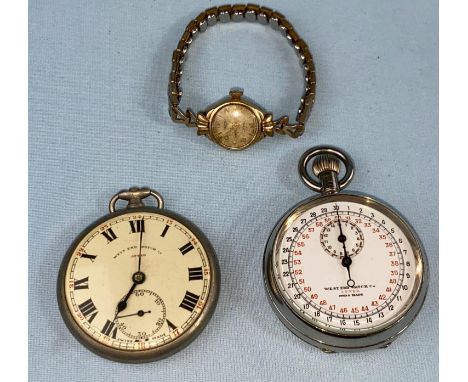 A Swiss made pocket chronograph by the West End Watch Co, chrome cased; another similar; a ladies wristwatch Stopwatch goes O