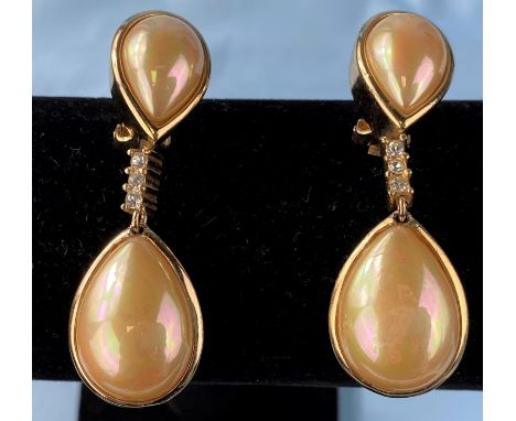 A pair of Christian Dior drop earrings with opal effect centres with gilt surrounds with coloured stones length 6cm 