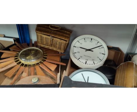 Vintage Post Office wall clock, 2 other clocks, copper flask 