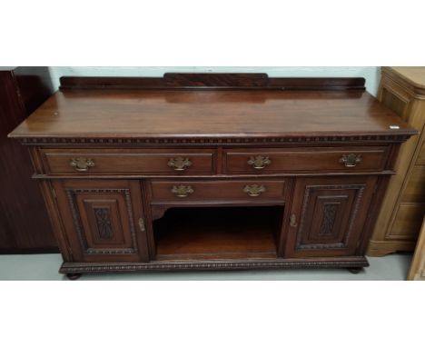 A large late Victorian/early Edwardian mahogany sideboard with 3 drawers, 2 cupboards and central shelf area length 182cm, de