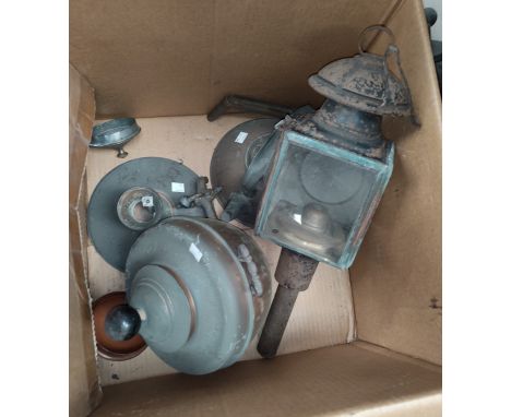 A 19th century coach lamp; kettles; metalware 