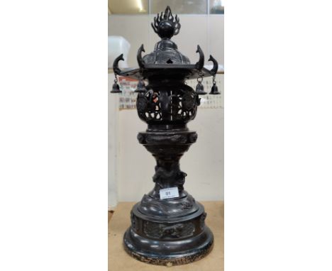 A 19th century Chinese/Japanese large bronze table lamp in the form of a hexagonal top pagoda with ball and flame finial, pie