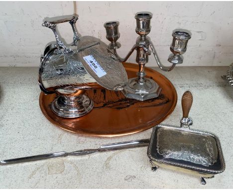 A good quality silver plated sugar caddy with scoop, a silver plated marrow scoop, three branch candelabra etc 