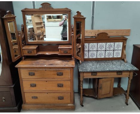 An Edwardian satin walnut 2 piece bedroom suite comprising 3 height dressing table and washstand with marble top and tile bac