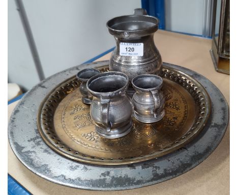 A brass pierced decoration table lamp, a James Yates pewter pint measure and a graduating similar pewter and brass dish. 