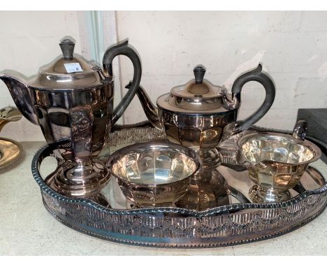 A silver plated 4 piece tea set and gallery tray 