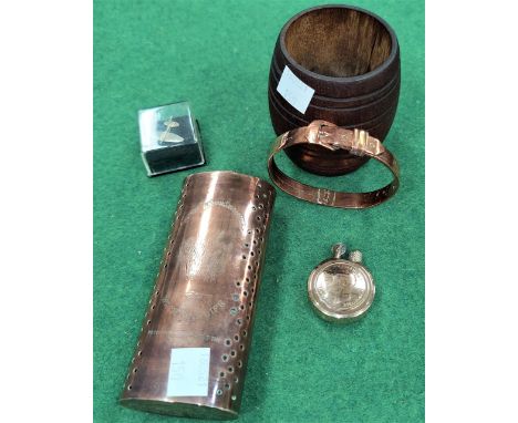 A WWI trench art copper bracelet, a similar lighter, 3 other items.  Inscription on bracelet: Ricardo Guerra EuropaAnno 1915-